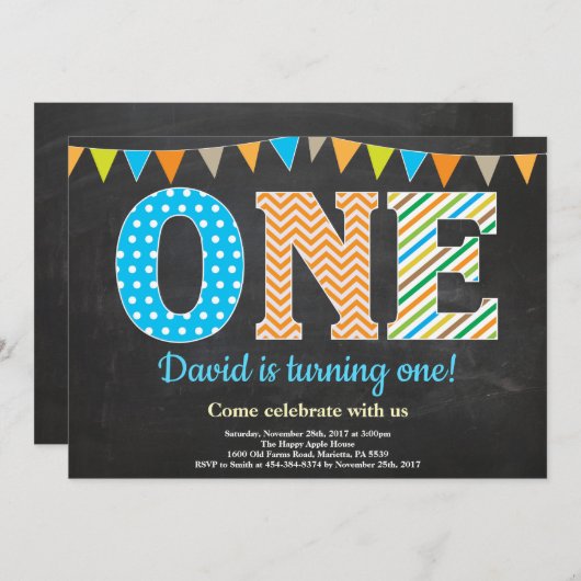 第1誕生日の招待状の男の子の黒板 招待状 (正面/裏面)
