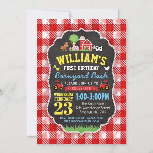 第1誕生日の招待状の赤いトラクターの納屋周囲の庭を耕作して下さい 招待状 (正面)