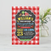 第1誕生日の招待状の赤いトラクターの納屋周囲の庭を耕作して下さい 招待状 (スタンド正面)