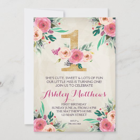 第1誕生日の最初美しい花の招待状、 招待状 (正面)