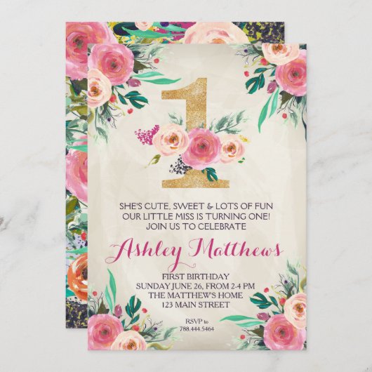 第1誕生日の最初美しい花の招待状、 招待状 (正面/裏面)