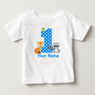 第1誕生日の森林青くパーソナライズなTシャツ ベビーTシャツ