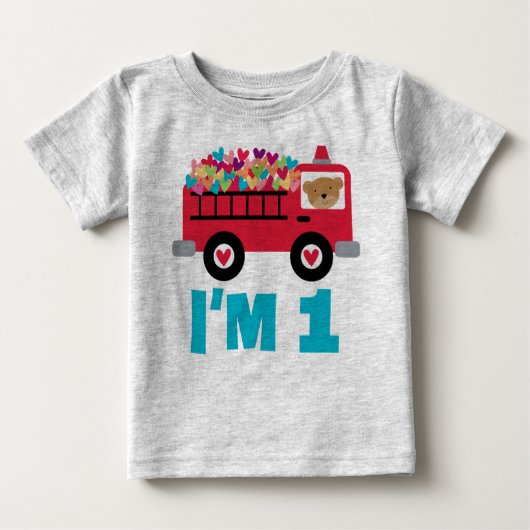 第1誕生日の消防車の消防士の男の子Tシャツ ベビーTシャツ (正面)