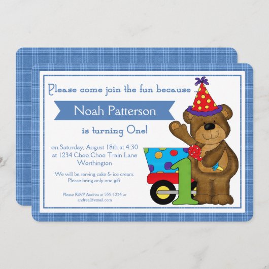 第1誕生日の男の子の招待状のテディー・ベアの列車d1 招待状 (正面/裏面)