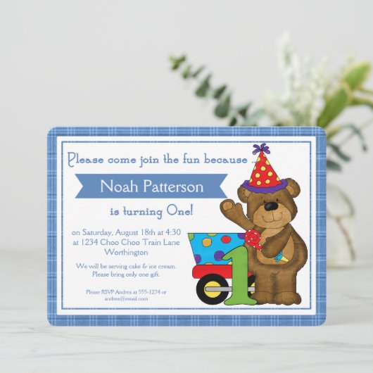 第1誕生日の男の子の招待状のテディー・ベアの列車d1 招待状 (スタンド正面)