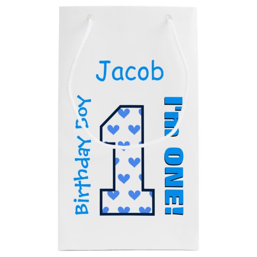 第1誕生日の男の子の青いハート1歳B01Z スモールペーパーバッグ (裏面)