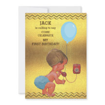 第1誕生日の男の赤ちゃんの電話気球の金ゴールドのシェブロン