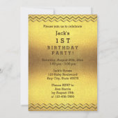 第1誕生日の男の赤ちゃんの電話気球の金ゴールドのシェブロン 招待状 (裏面)