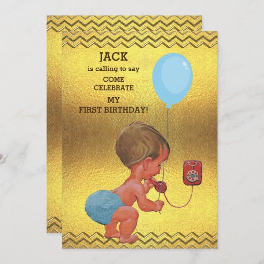 第1誕生日の男の赤ちゃんの電話気球の金ゴールドのシェブロン 招待状 (正面/裏面)