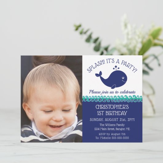 第1誕生日の航海のなシロナガスクジラの写真のパーティー 招待状 (スタンド正面)