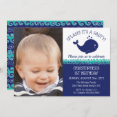 第1誕生日の航海のなシロナガスクジラの写真のパーティー 招待状 (正面/裏面)