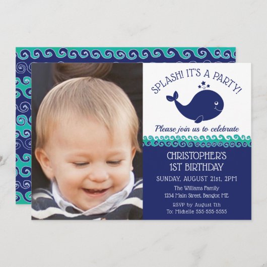 第1誕生日の航海のなシロナガスクジラの写真のパーティー 招待状 (正面/裏面)