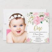 第1誕生日の赤面のピンクの金ゴールドの花の写真の誕生日 招待状 (正面)