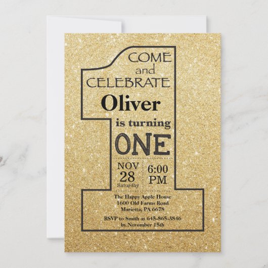第1誕生日の金ゴールドのグリッターおよび黒い招待状 招待状 (正面)