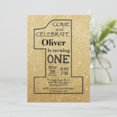 第1誕生日の金ゴールドのグリッターおよび黒い招待状 招待状 (スタンド正面)