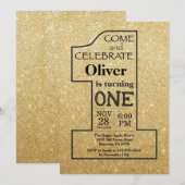 第1誕生日の金ゴールドのグリッターおよび黒い招待状 招待状 (正面/裏面)