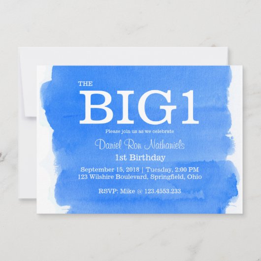 第1誕生日の青い小さい男の子の水彩画の洗浄 招待状 (正面)