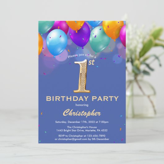 第1誕生日の青と金ゴールドカラフル風船 招待状 (スタンド正面)