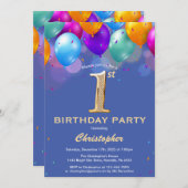 第1誕生日の青と金ゴールドカラフル風船 招待状 (正面/裏面)