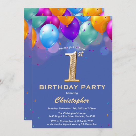 第1誕生日の青と金ゴールドカラフル風船 招待状 (正面/裏面)