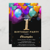 第1誕生日の黒と金ゴールドカラフル風船 招待状 (正面/裏面)
