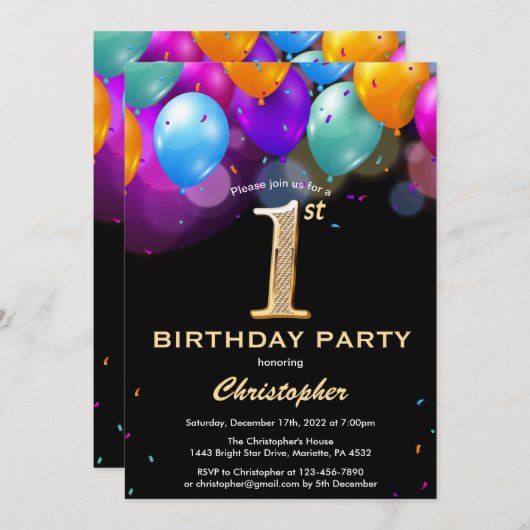 第1誕生日の黒と金ゴールドカラフル風船 招待状 (正面/裏面)