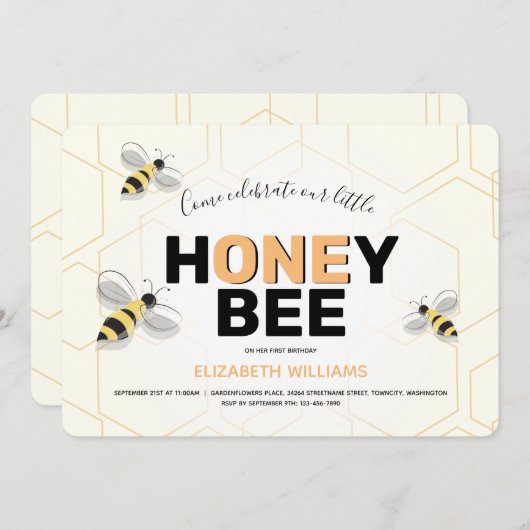 第1誕生日イエローブラックオレンジビー漫画 招待状 (正面/裏面)