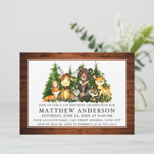 第1誕生日ウッドウォーターカラーウッドランドアニマルズ 招待状 (スタンド正面)