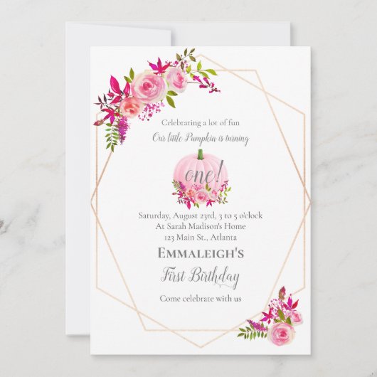 第1誕生日カボチャフローラ幾何学模様 | ピンク 招待状 (正面)
