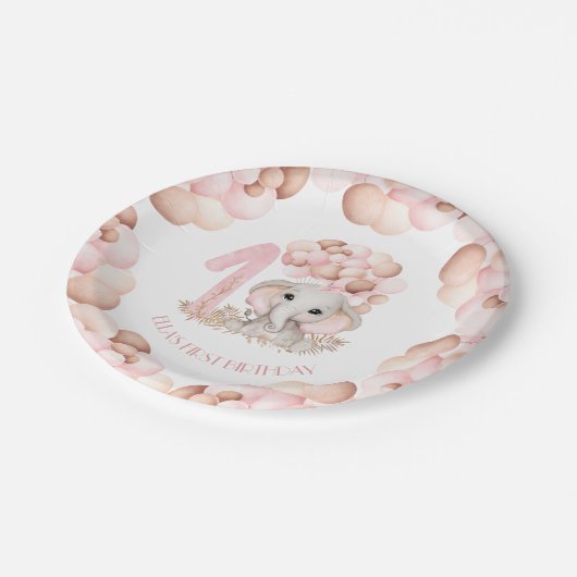 第1誕生日ガールかわいい象ピンクの風船 ペーパープレート (アングル)