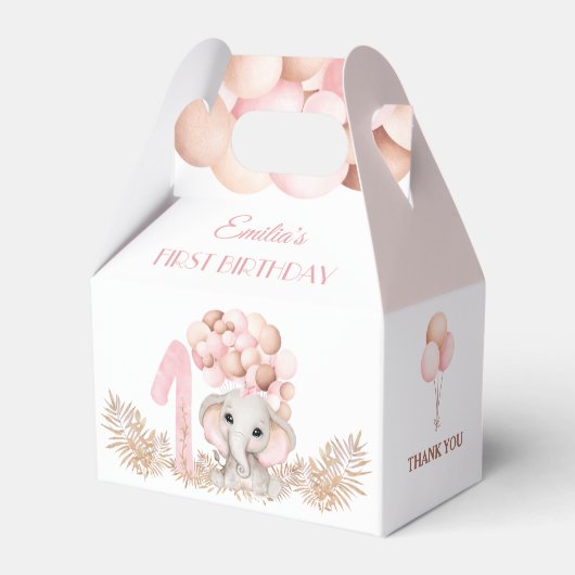 第1誕生日ガールエレファントピンクバルーン小 フェイバーボックス (正面サイド)