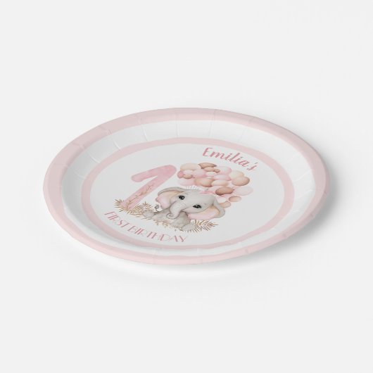 第1誕生日ガールキュートエレファントピンク ペーパープレート (アングル)