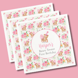 第1誕生日ガールテディベアアイスクリームパターン スタンダードカクテルナプキン