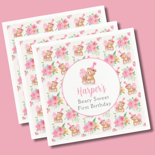 第1誕生日ガールテディベアアイスクリームパターン スタンダードカクテルナプキン