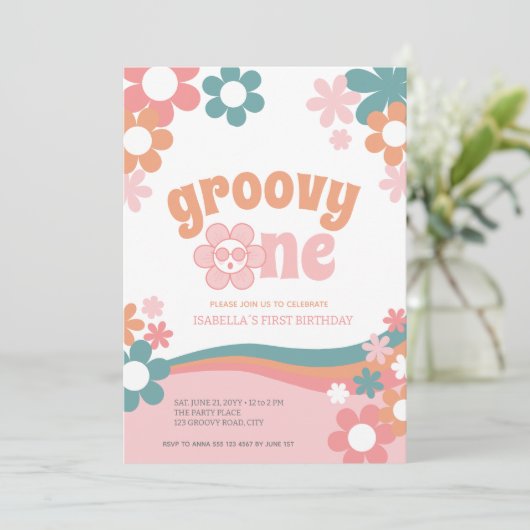 第1誕生日ガールデイジーグルーヴィワン招待状 招待状 (スタンド正面)