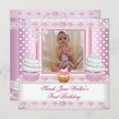 第1誕生日ガールピンクカップケーズホワイトスポットベビー 招待状 (正面/裏面)