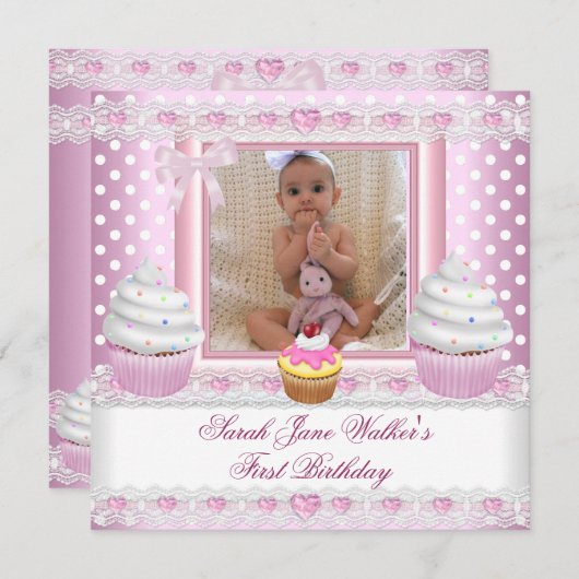 第1誕生日ガールピンクカップケーズホワイトスポットベビー 招待状 (正面/裏面)