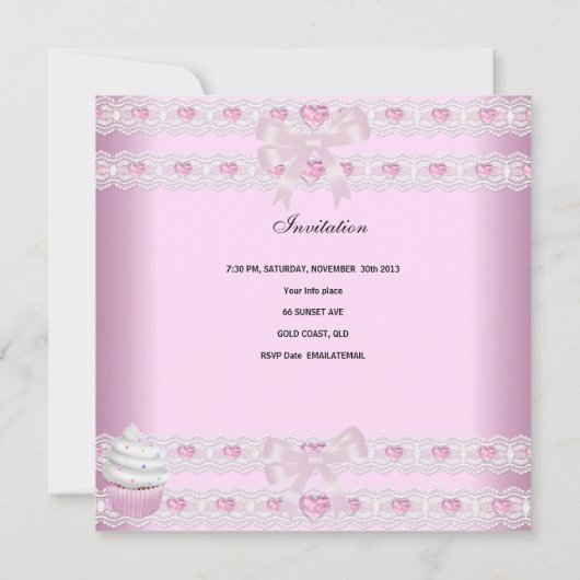 第1誕生日ガールピンクカップケーズホワイトスポットベビー 招待状 (裏面)