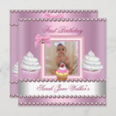 第1誕生日ガールピンクカップケーズホワイトパール 招待状 (正面/裏面)