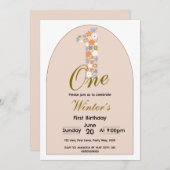 第1誕生日ガールフローラ第1パーティーピンクミニマル 招待状 (正面/裏面)