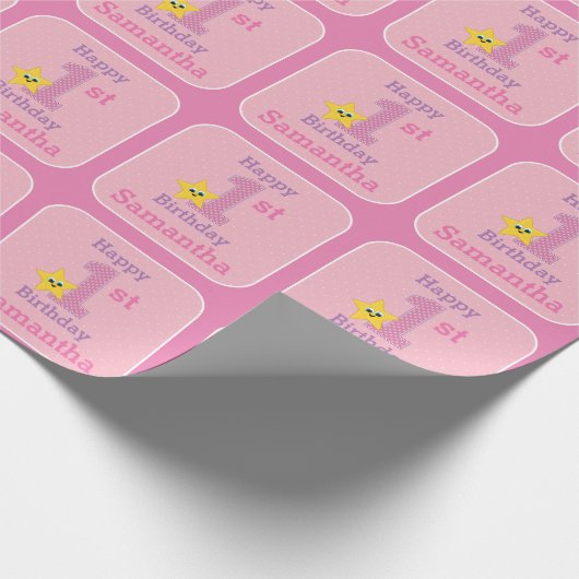 第1誕生日ガール、ピンクイエロースター（名前あり） ラッピングペーパー (角)