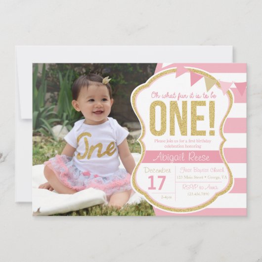 第1誕生日グリッター誕生日招待状 招待状 (正面)