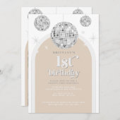 第1誕生日シルバーレトロディスコグリッターアーチ 招待状 (正面/裏面)