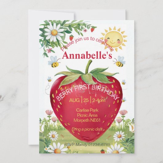 第1誕生日ストロベリーピクニックスウィートワンサマー 招待状 (正面)