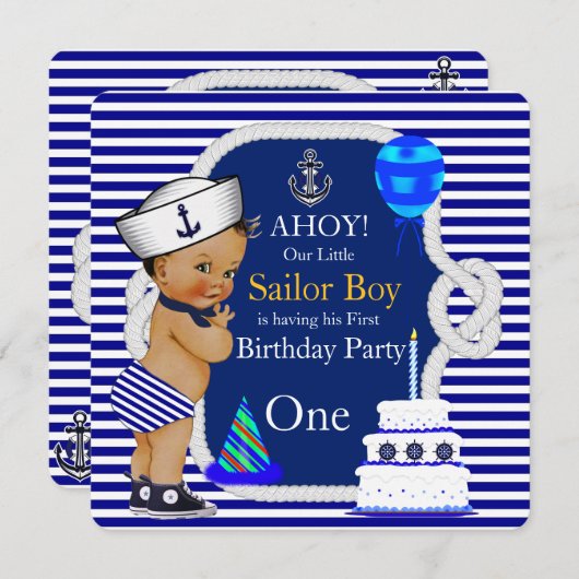 第1誕生日セーラーボーイネイビーブルーストライプ 招待状 (正面/裏面)