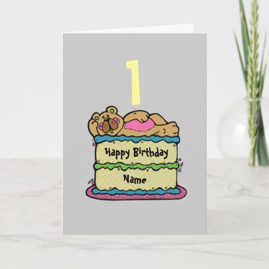 第1誕生日テディベアケパーソナライズされたーキ カード (正面)