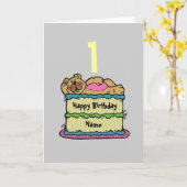 第1誕生日テディベアケパーソナライズされたーキ カード (黄色い花)