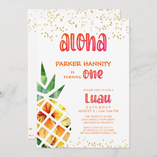 第1誕生日トロピカルパイナップルアロハルアウ(ハワイ式宴会) 招待状 (正面/裏面)