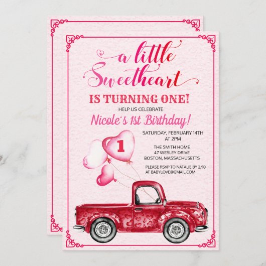 第1誕生日ハートバルーンレッドトラック招待状 招待状 (正面/裏面)