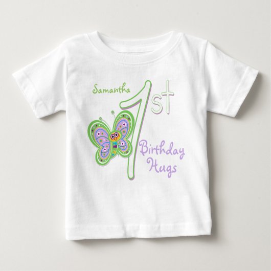 第1誕生日バタフライハグ名前をカスタムする ベビーTシャツ (正面)